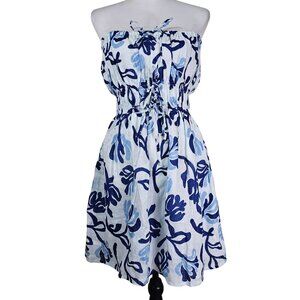 Faithfull The Brand Palmira Mini Dress 10 Linen Strapless Blue Floral Preppy
